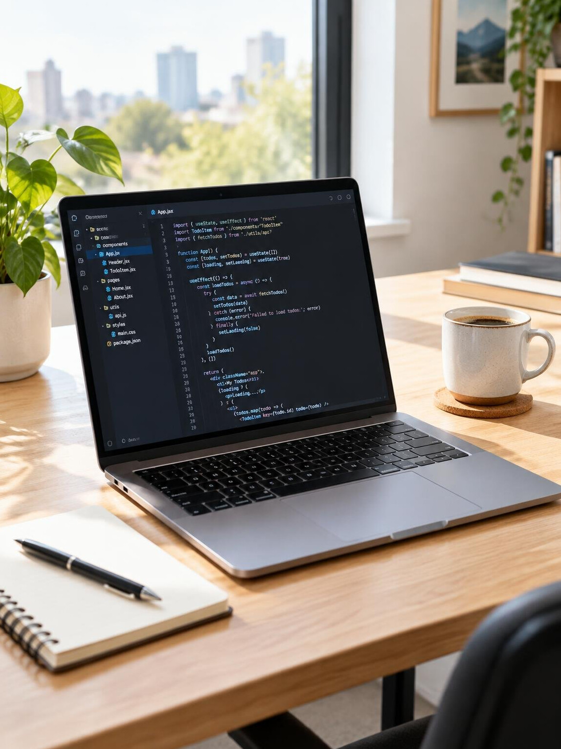 Laptop with code on a desk in a bright workspace