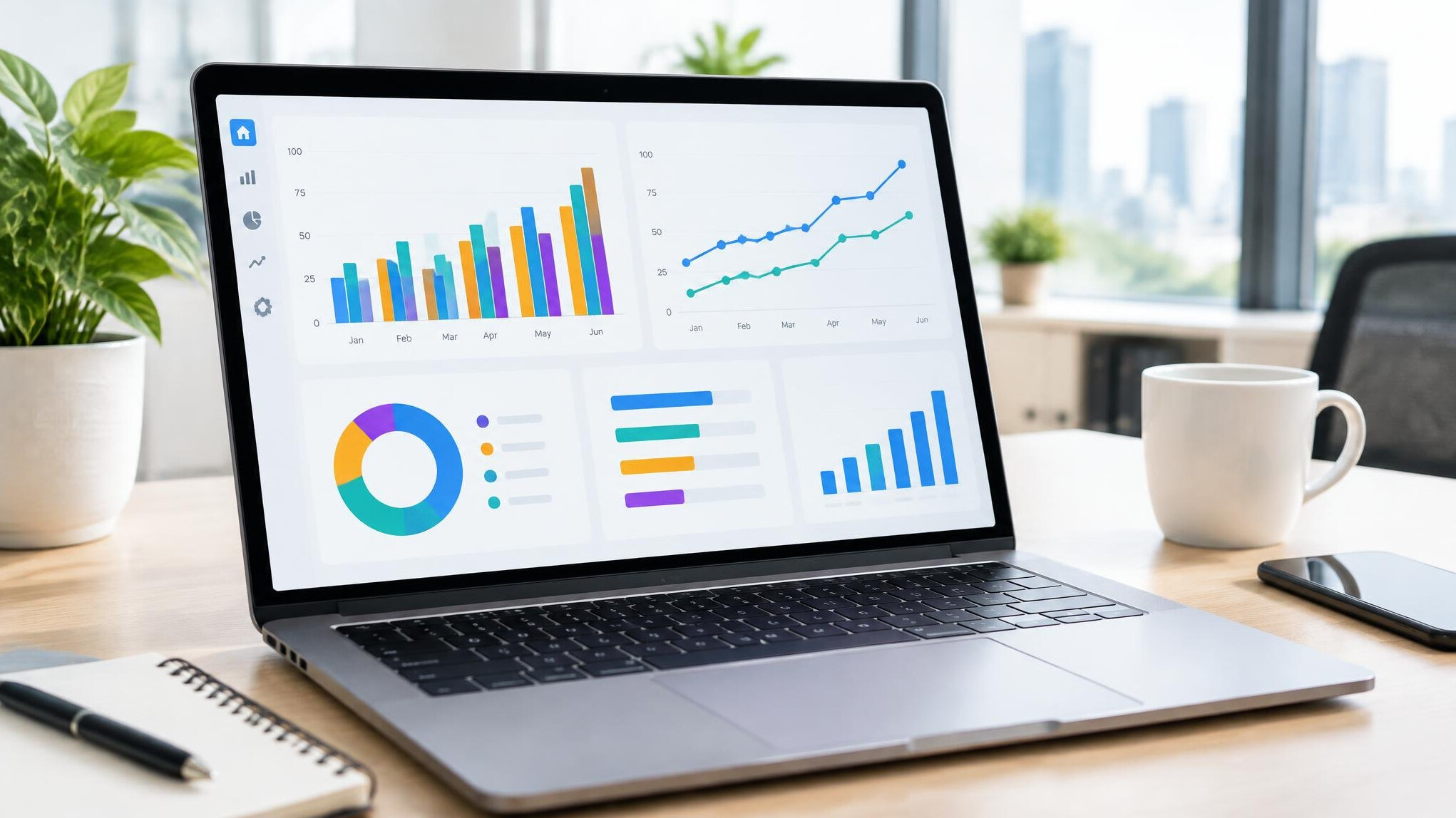 Analytics dashboard with charts on a screen