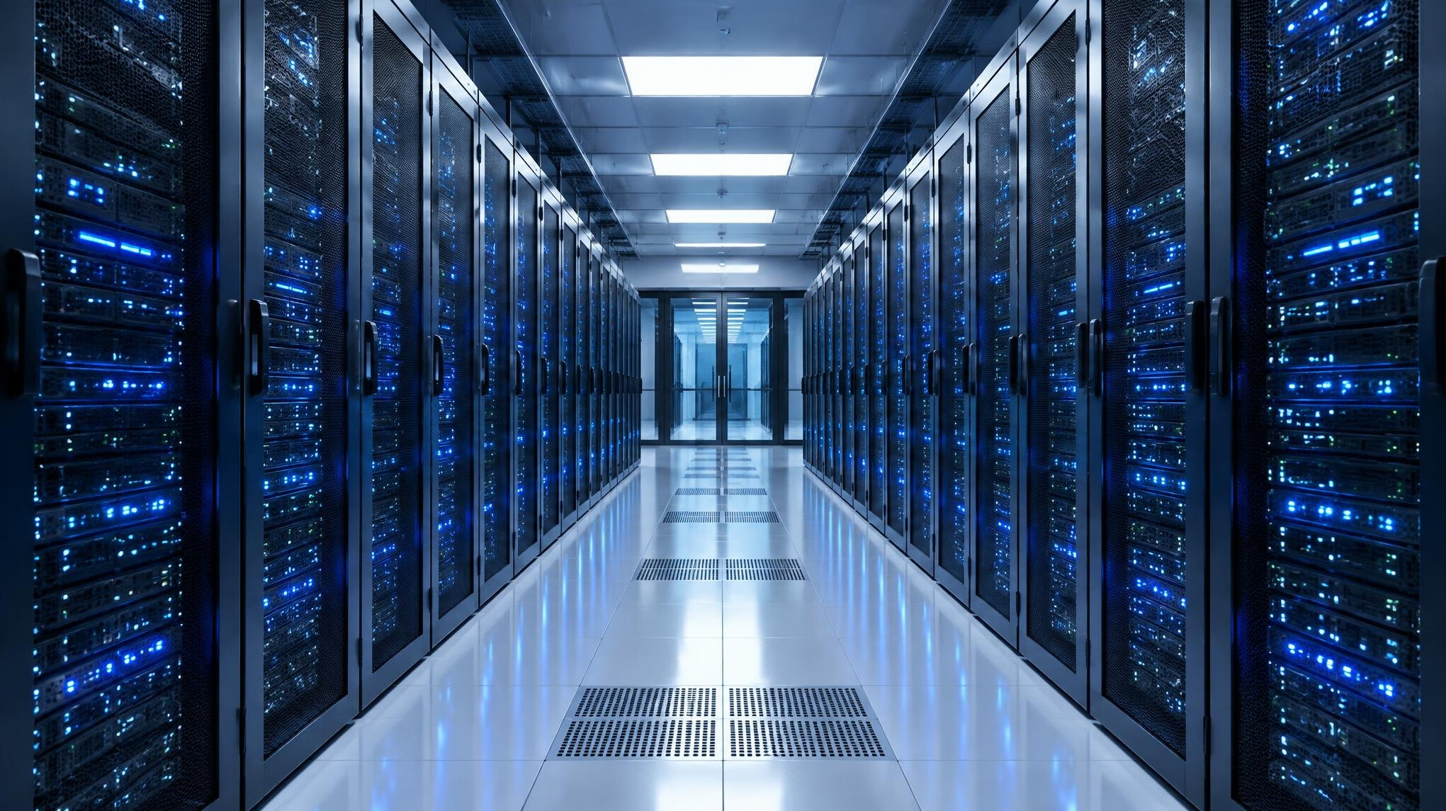 Server room with rows of racks and blue lights