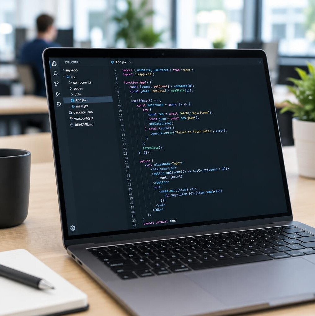 Programming code on a laptop screen