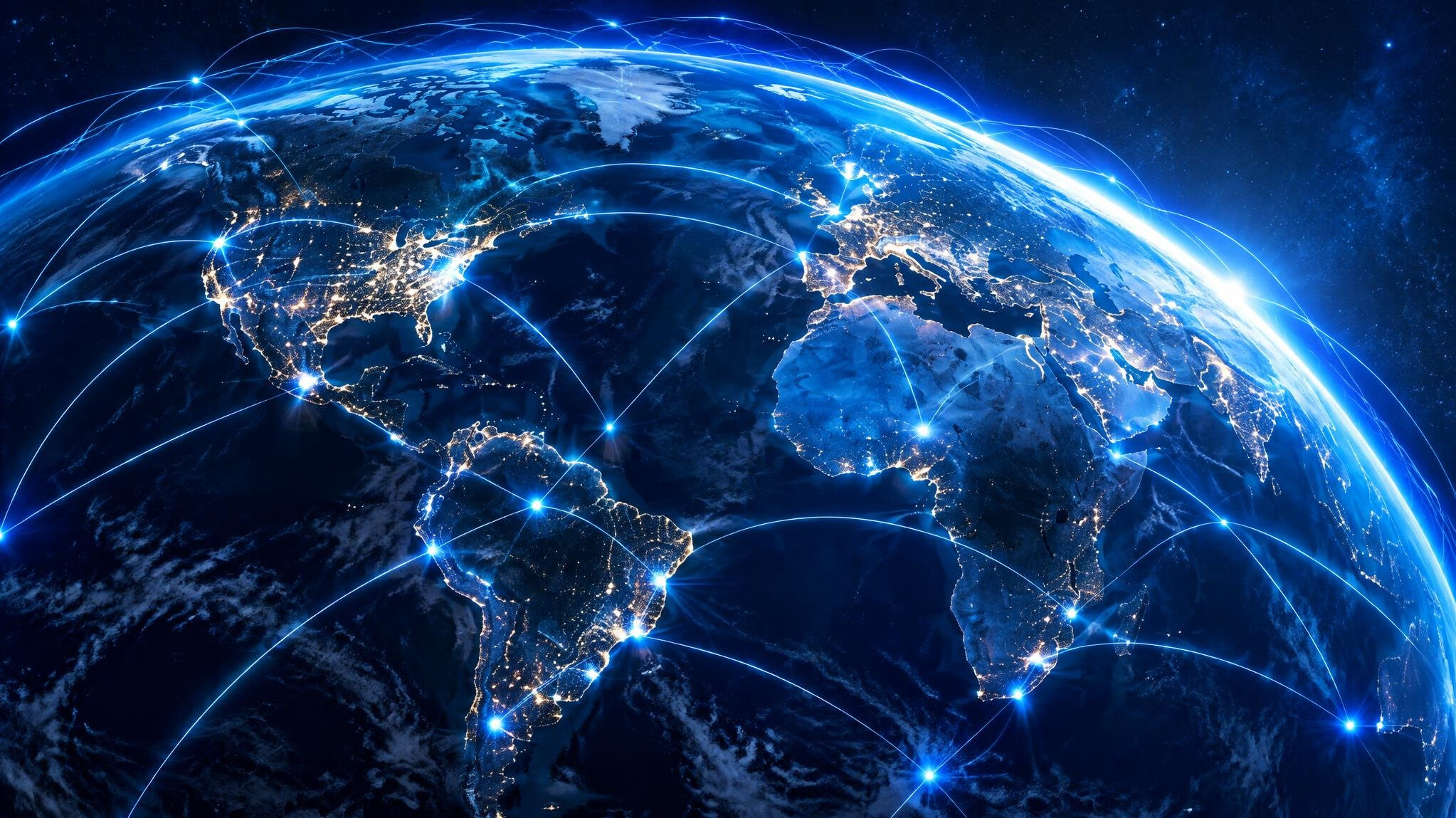 Globe with glowing network connections seen from space