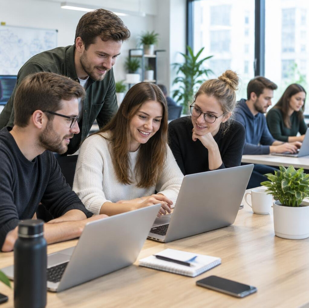 Team of developers working together at desks in an office