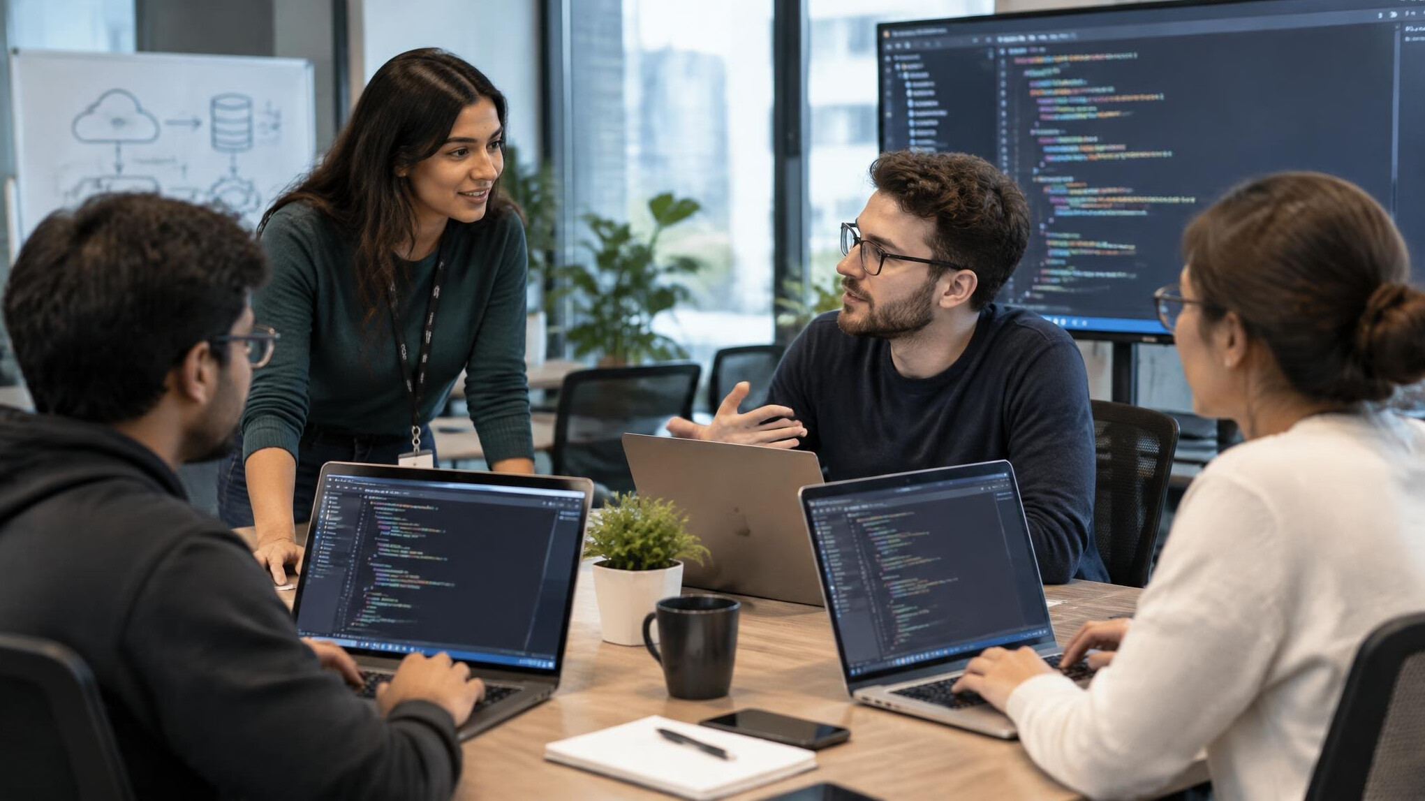 corporate team discussing software
