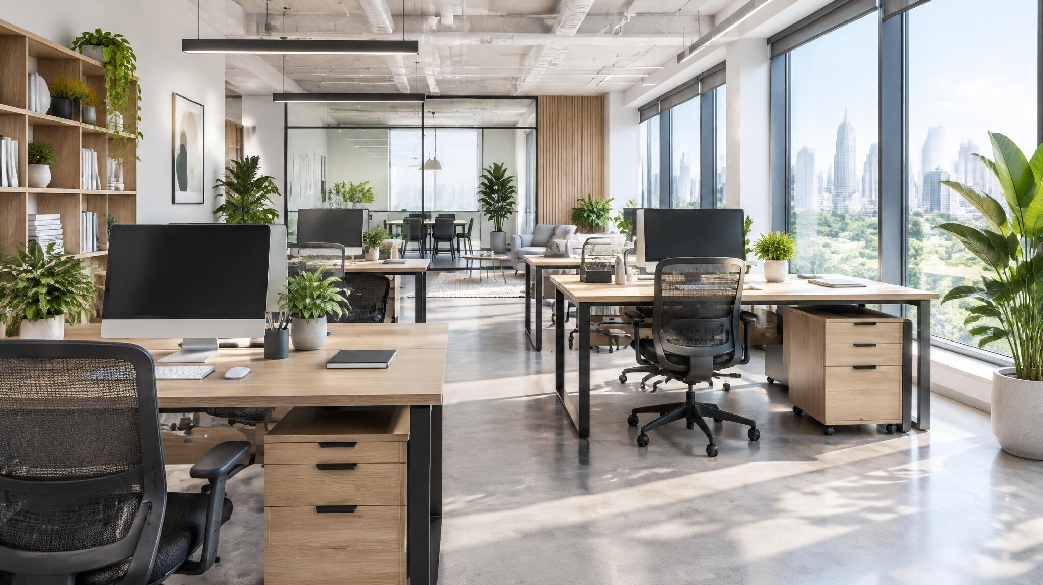 Bright modern office space with desks and plants