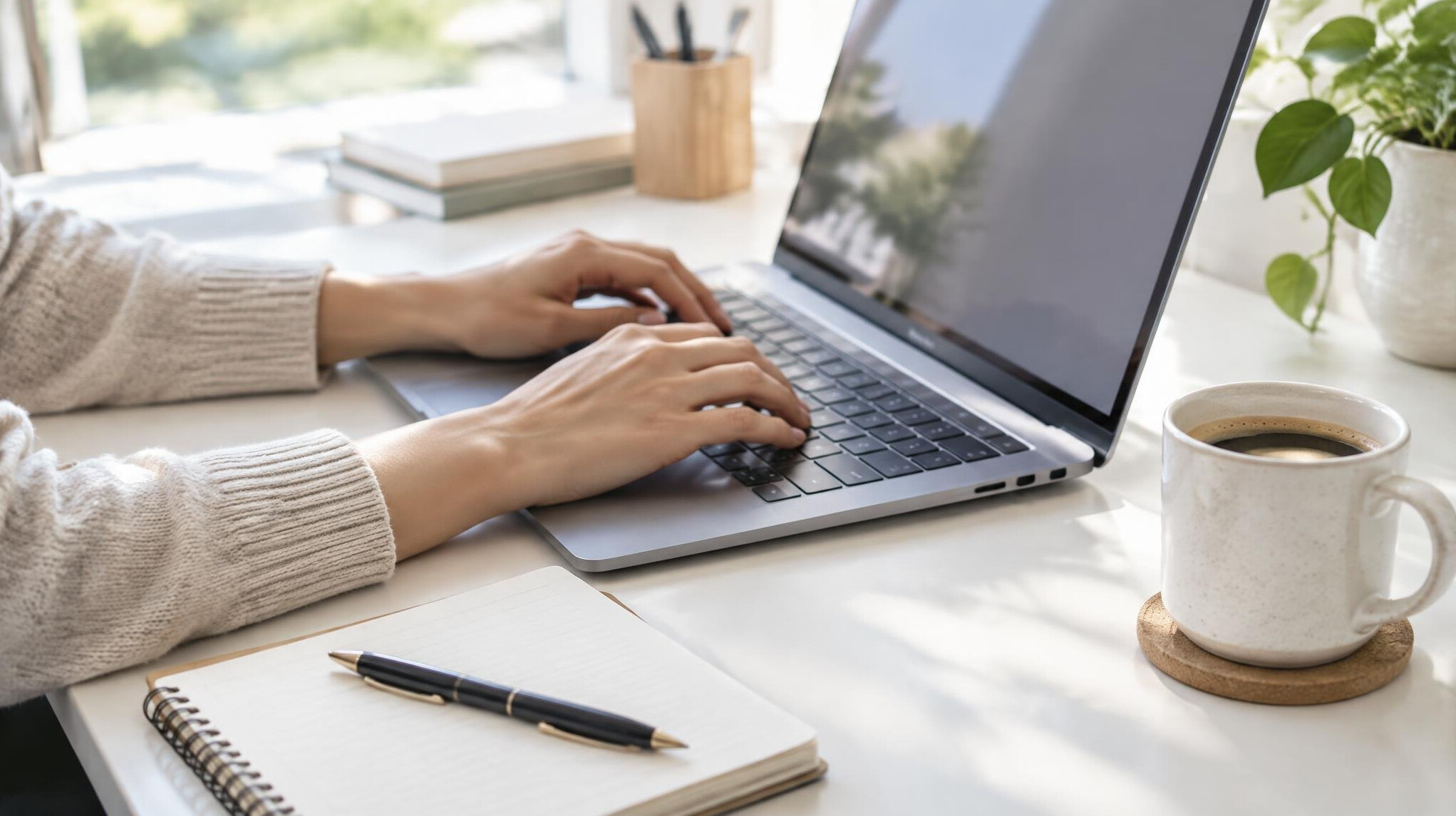 Hands typing on a laptop keyboard at a desk