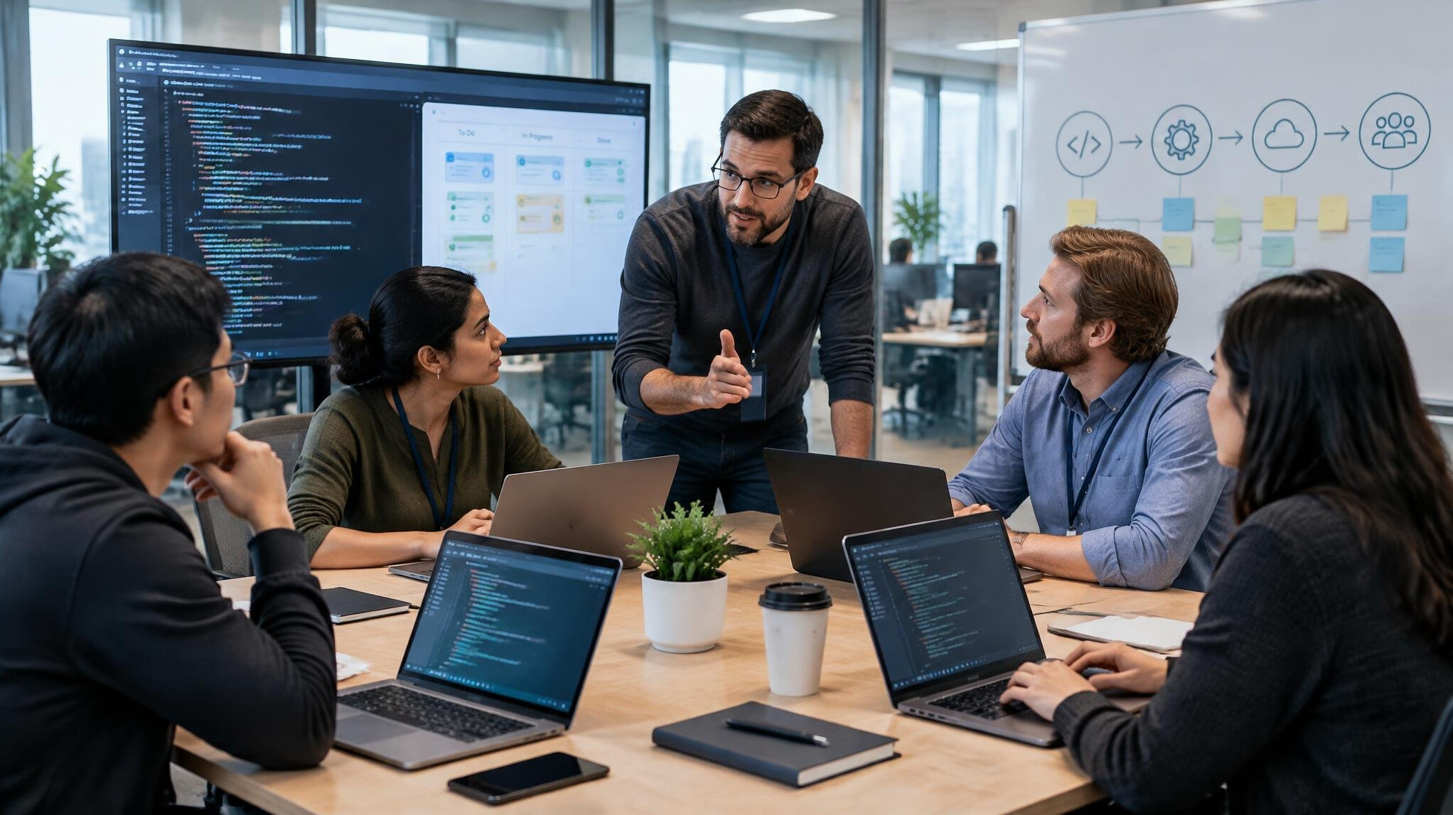 experienced software team meeting