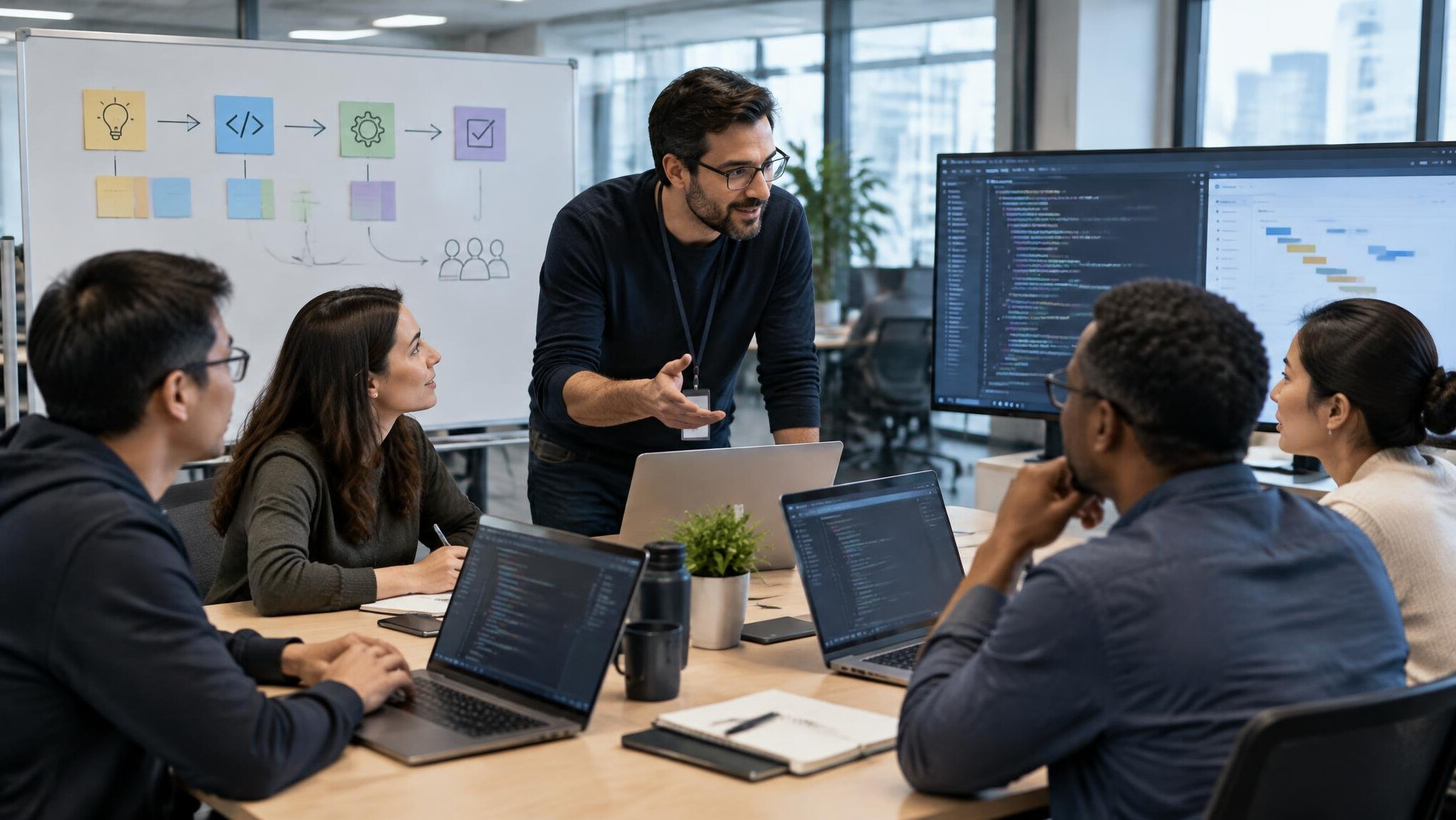 experienced software team meeting